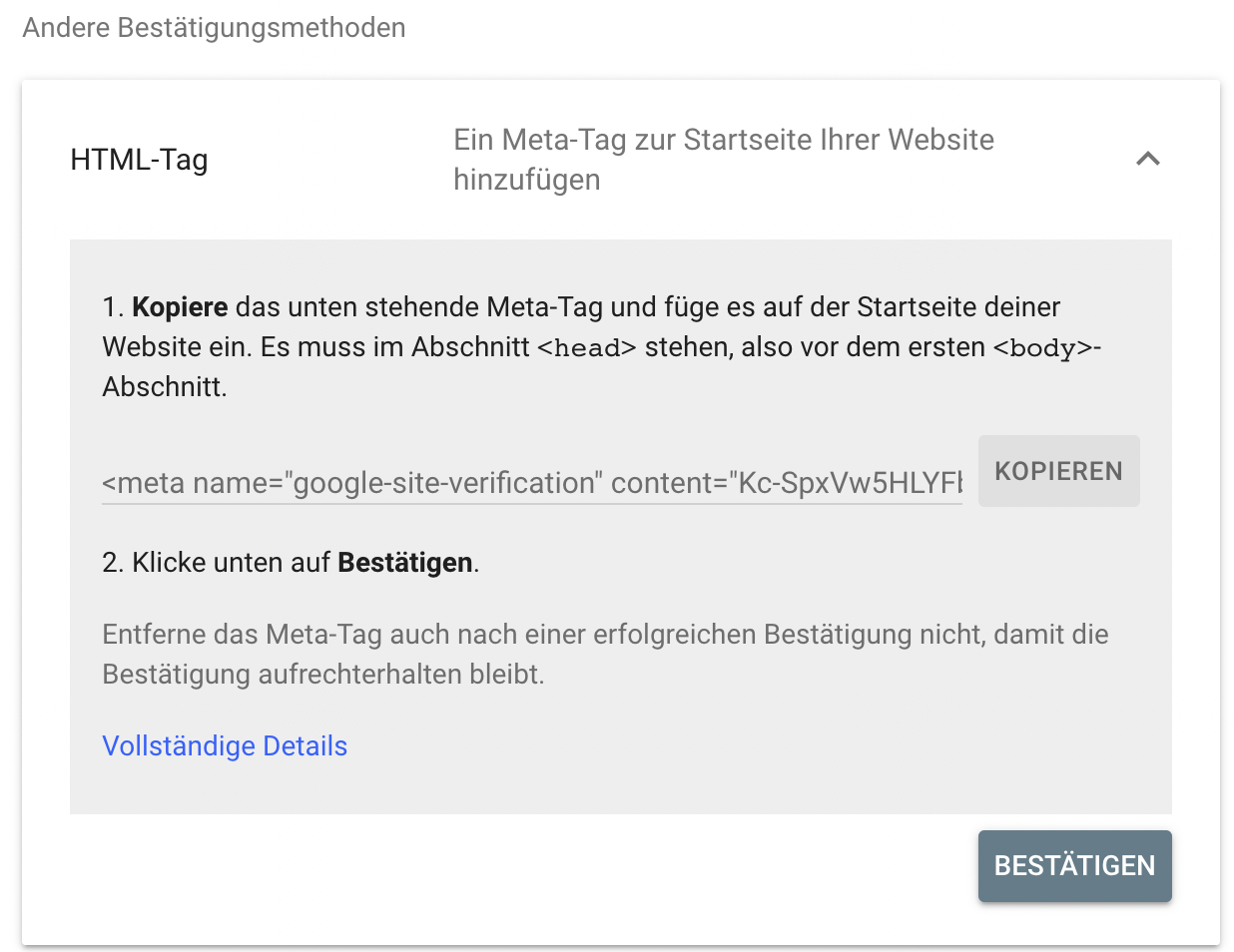 Bestätigung durch HTML-Tag in GSC