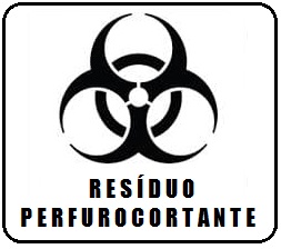 Símbolo de resíduos do Grupo E, com a legenda "Resíduos perfurocortantes"