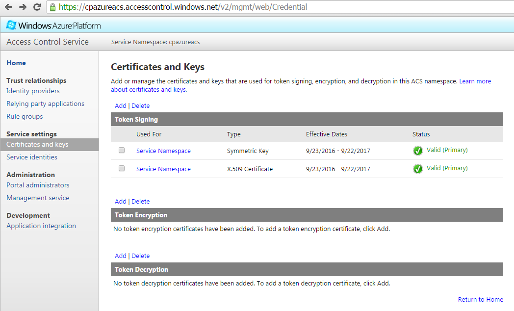 Azure ACS Certificates and Keys