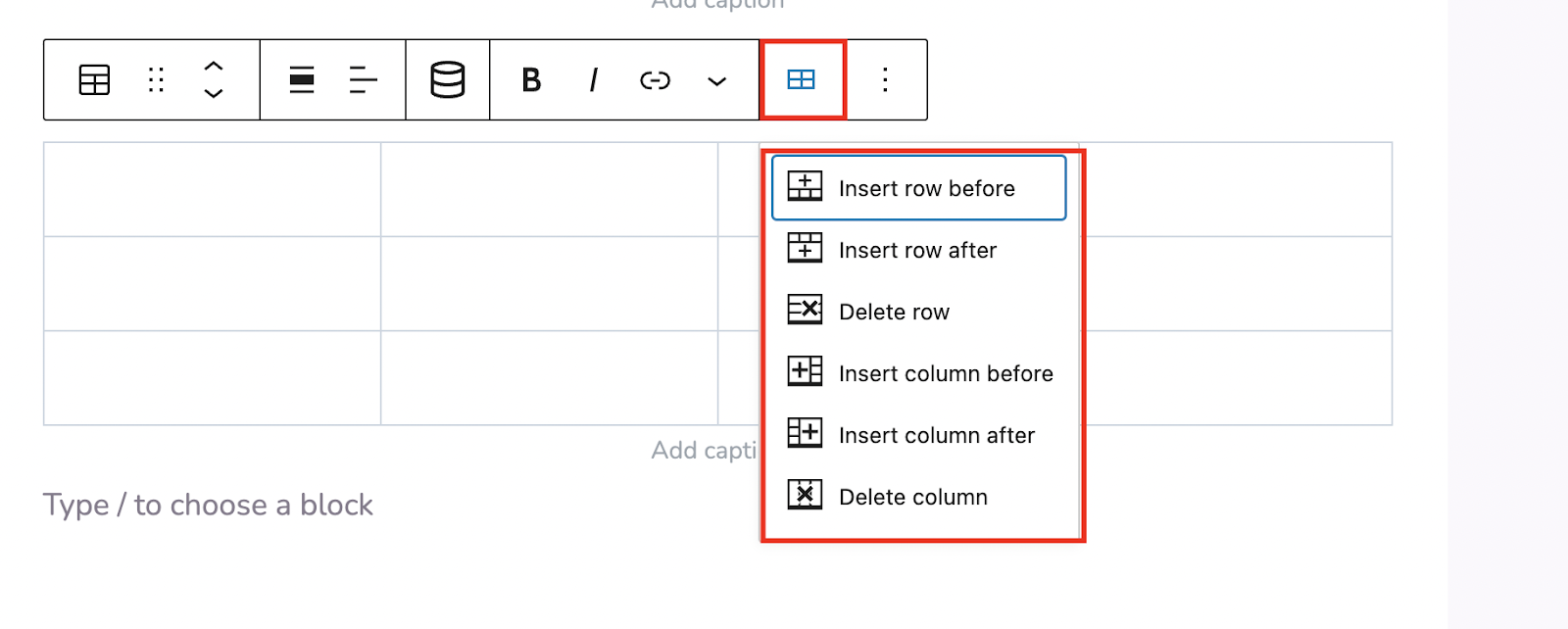 Click the table icon to edit your tables in WordPress 