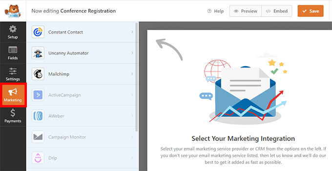 Aba de Marketing do WPForms
