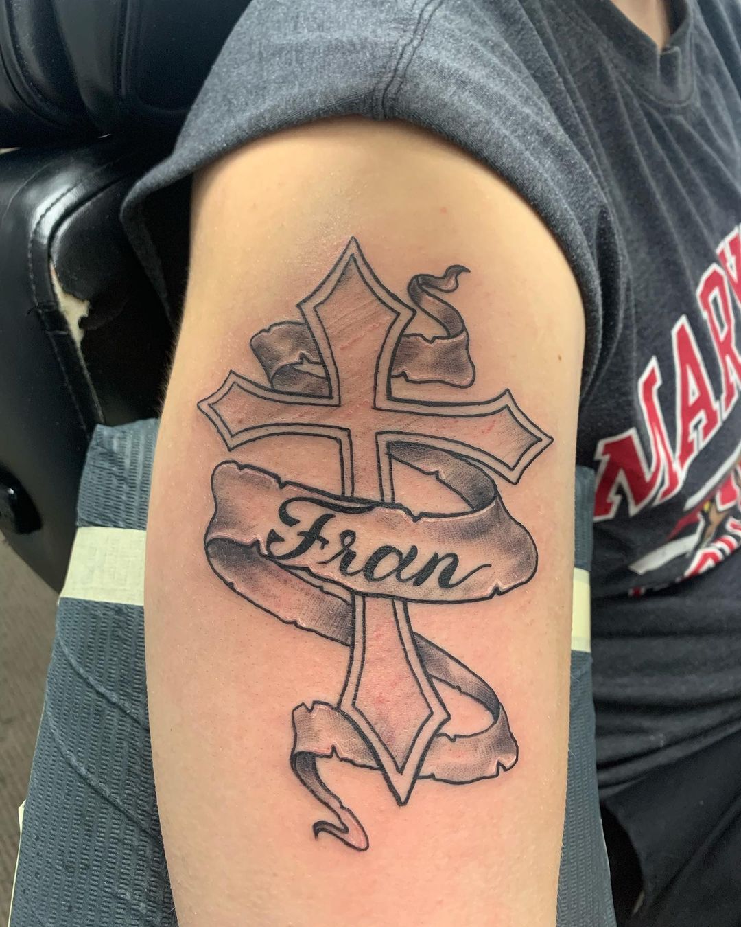 Cross with Banner On Arm Tattoo