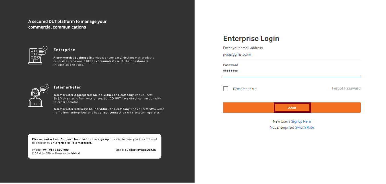 Login screen on the Vodafone DLT Content Template registration website I SMSCountry