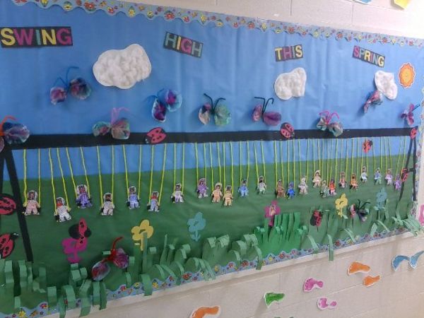 art of children on a long swing set accented with butterflies and ladybugs and grass and flowers