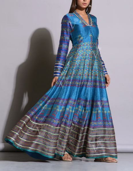 Persian Blue Printed Silk Anarkali Gown