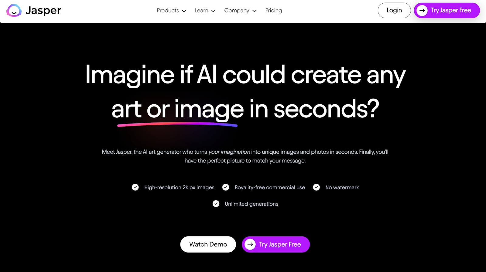 The Jasper AI image generator homepage.