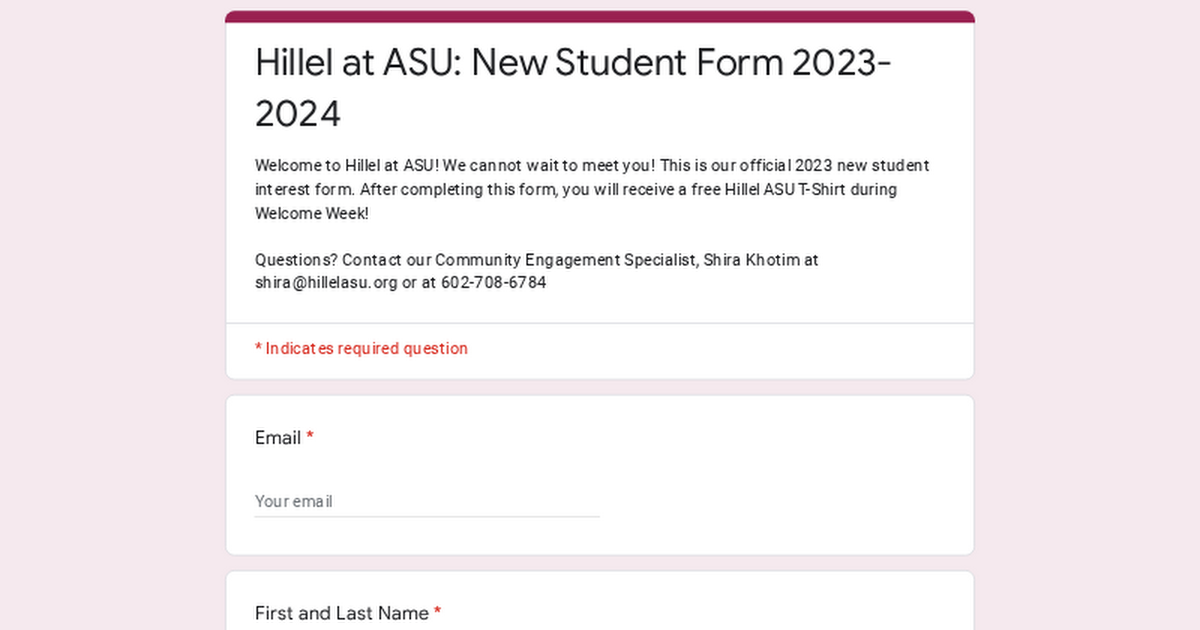 Hillel at ASU New Student Form 20232024