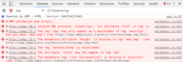 Screen grab of AMP Validator errors in chrome developer console