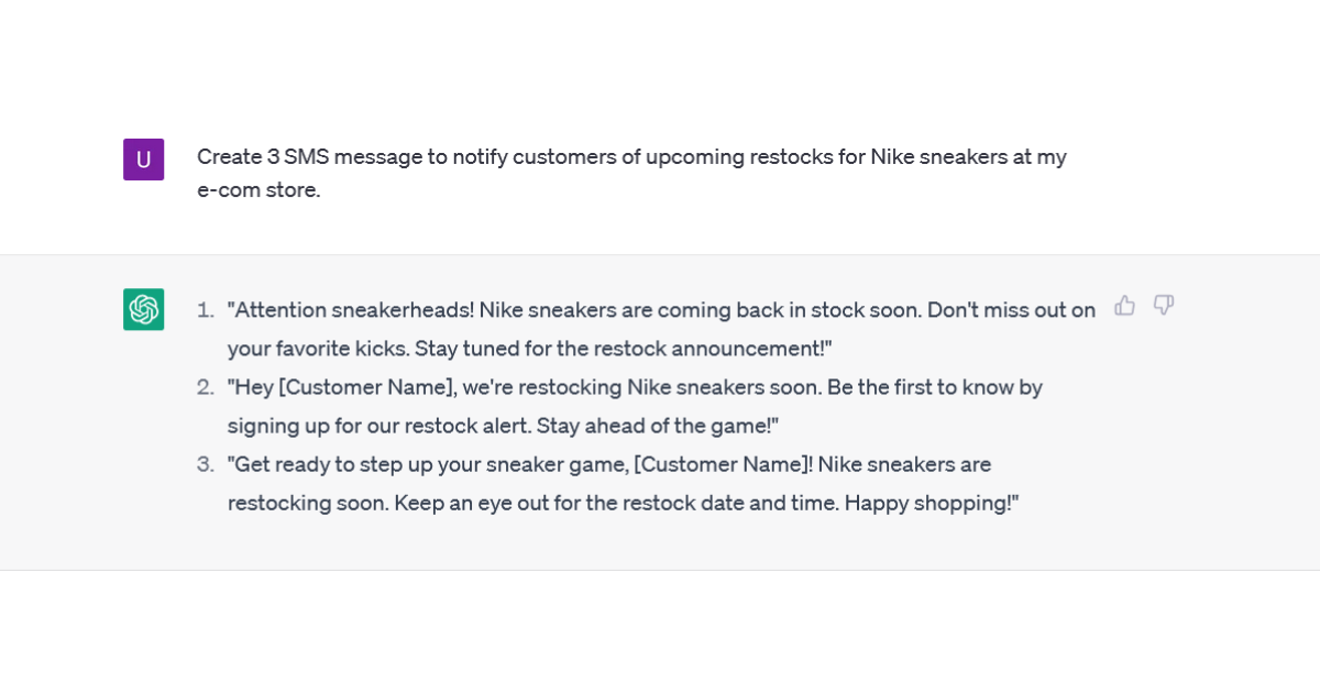 chatgpt prompt and response for sms informing customers of a restocking