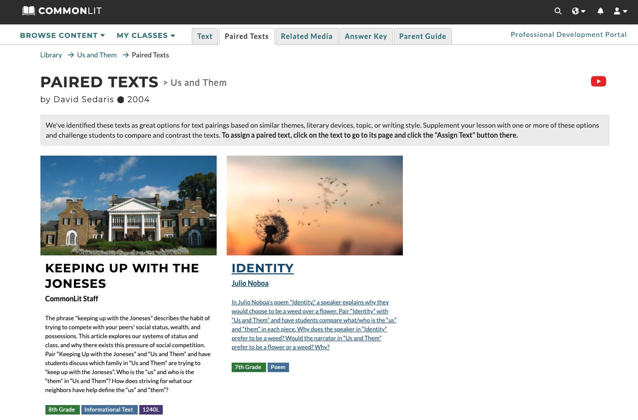 Screenshot of Paired Texts tab for "Us and Them" reading lesson