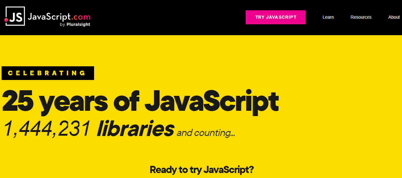 Página inicial do site da linguagem JavaScript
