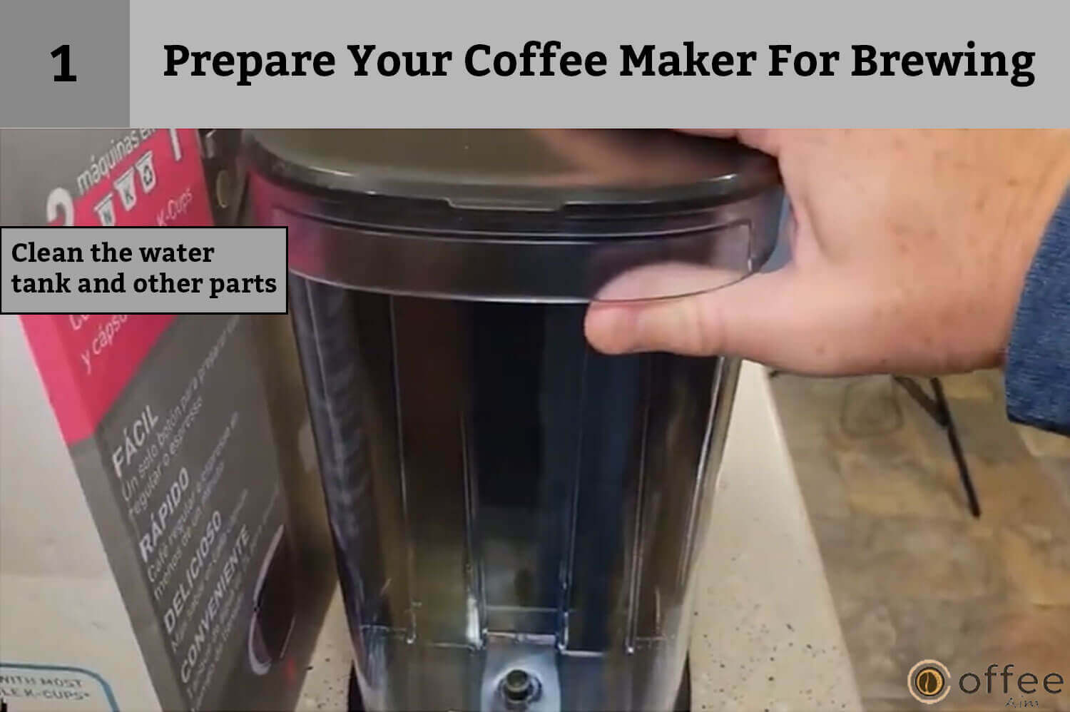 This image details the process of cleaning the water tank and other components as part of the "Prepare Your Coffee Maker For Brewing" section in our article on "How to Connect the Nespresso Vertuo Creatista Machine."