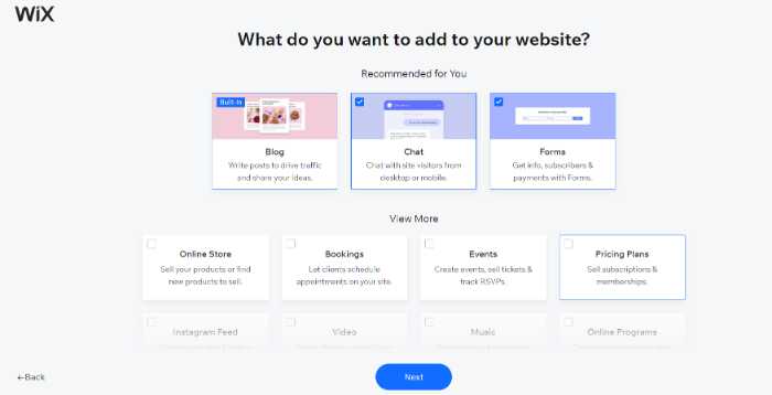 The backend page of WiX recommends the elements that can be added to your websites, like blog, forms, and chat. 