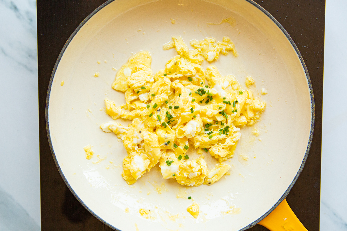 scrambled eggs cooked in a skillet