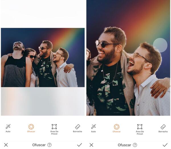 Foto de quatro amigos sendo editados pelo AirBrush, com a ferramenta Ofuscar