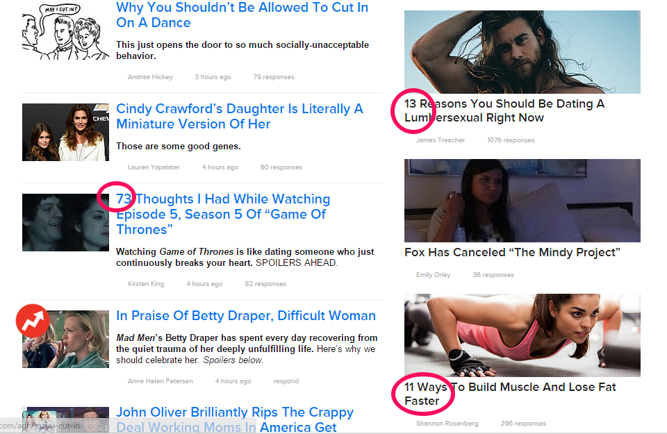 Uma captura de tela da página de exibição do Buzzfeed, com muitos títulos circulados mostrando números ímpares. 