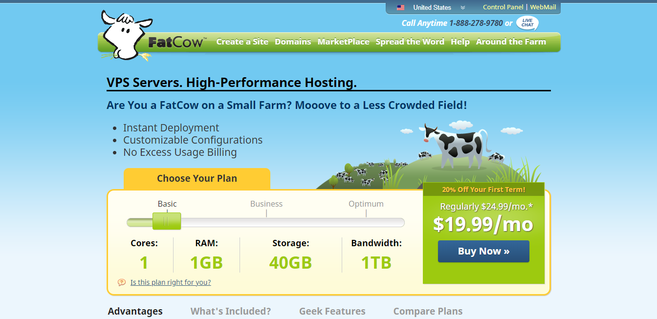 Screenshot of the FatCow VPS Servers plan