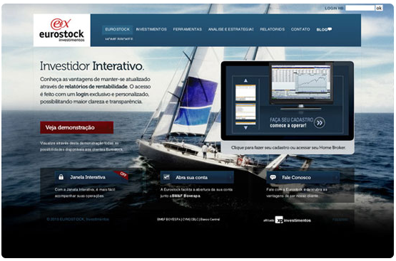 A webpage for Eurostock investment business is covered with a background of a blue-grey sea and grey sky. There is a luxury sailboat sailing on the sea in the middle of the screen. Widgets discussing the features of the business are spaced throughout the page.