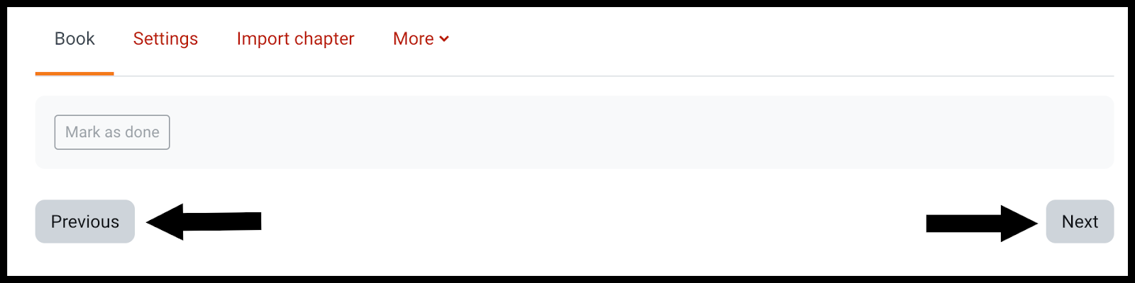 Arrows pointing to Previous and Next buttons in a Moodle Book