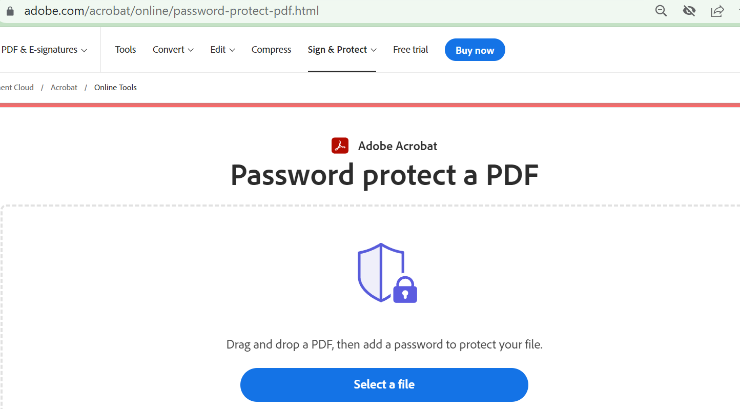 Screenshot of Adobe's online PDF password protection web page