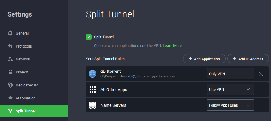 PIA Split Tunneling settings