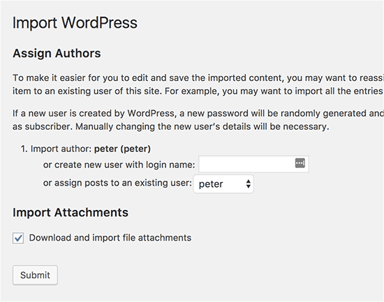 Configurações de importação do WordPress