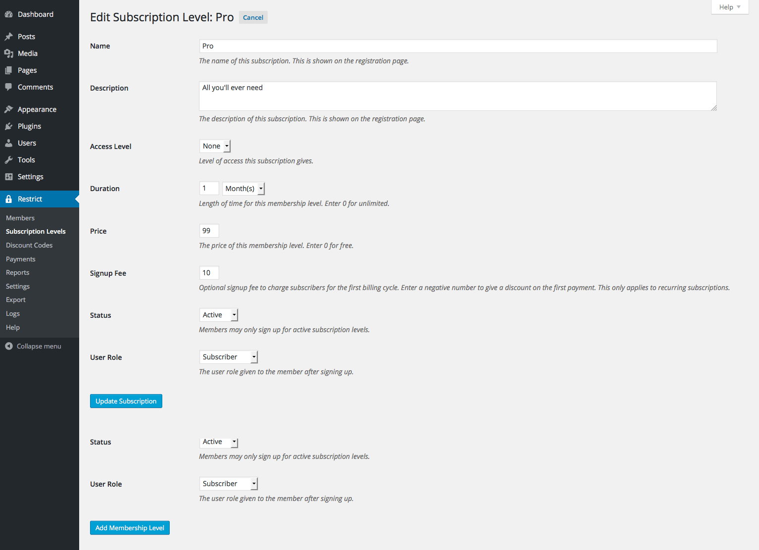 Restringir as opções do plano Content Pro