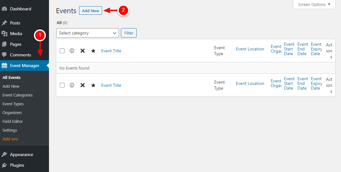 adicionando um novo evento no plugin do gerenciador de eventos wp