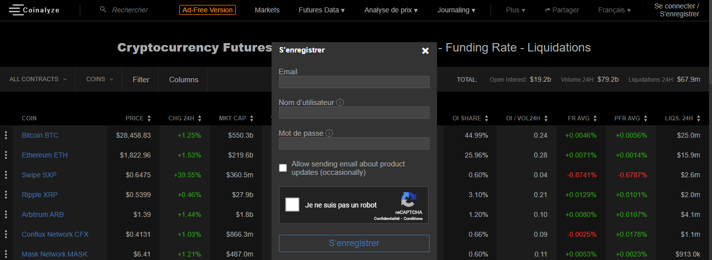 s'inscrire sur coinalyze