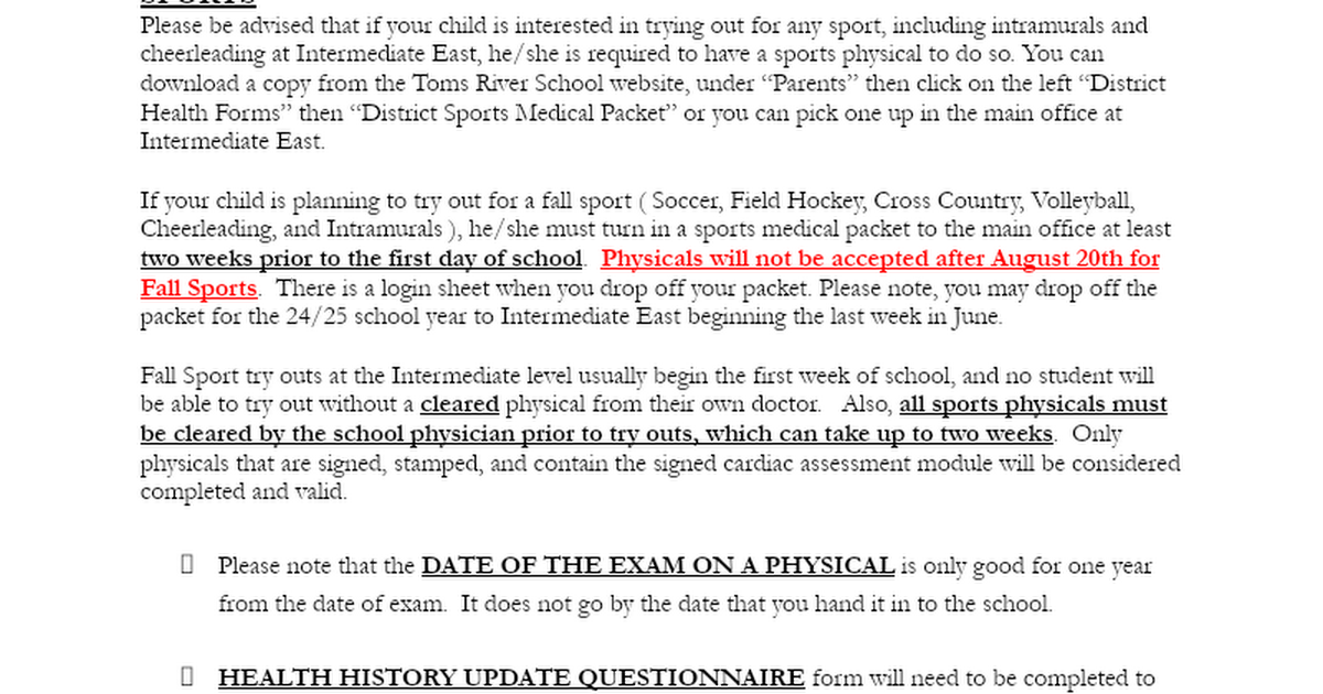 SPORT PHYSICAL LETTER TO IE PARENTS