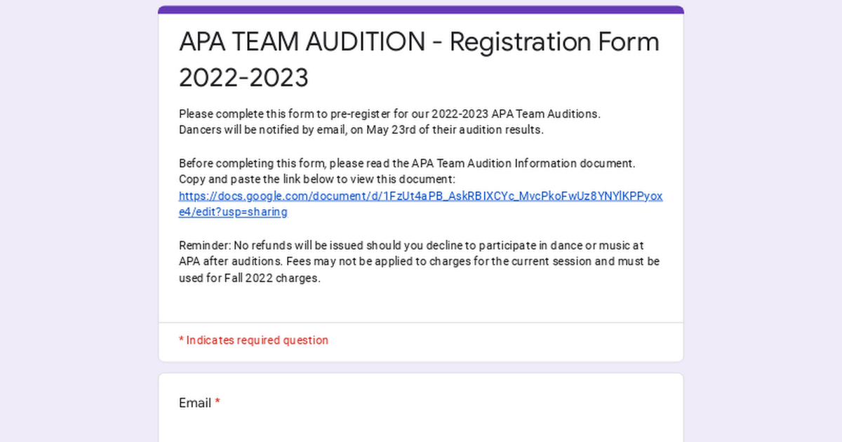 APA TEAM AUDITION Registration Form 20222023