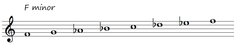 F minor scale on the treble staff