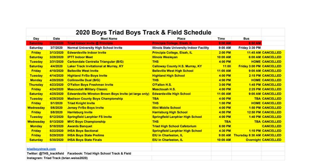 2020 Track and Field Schedule Google Sheets