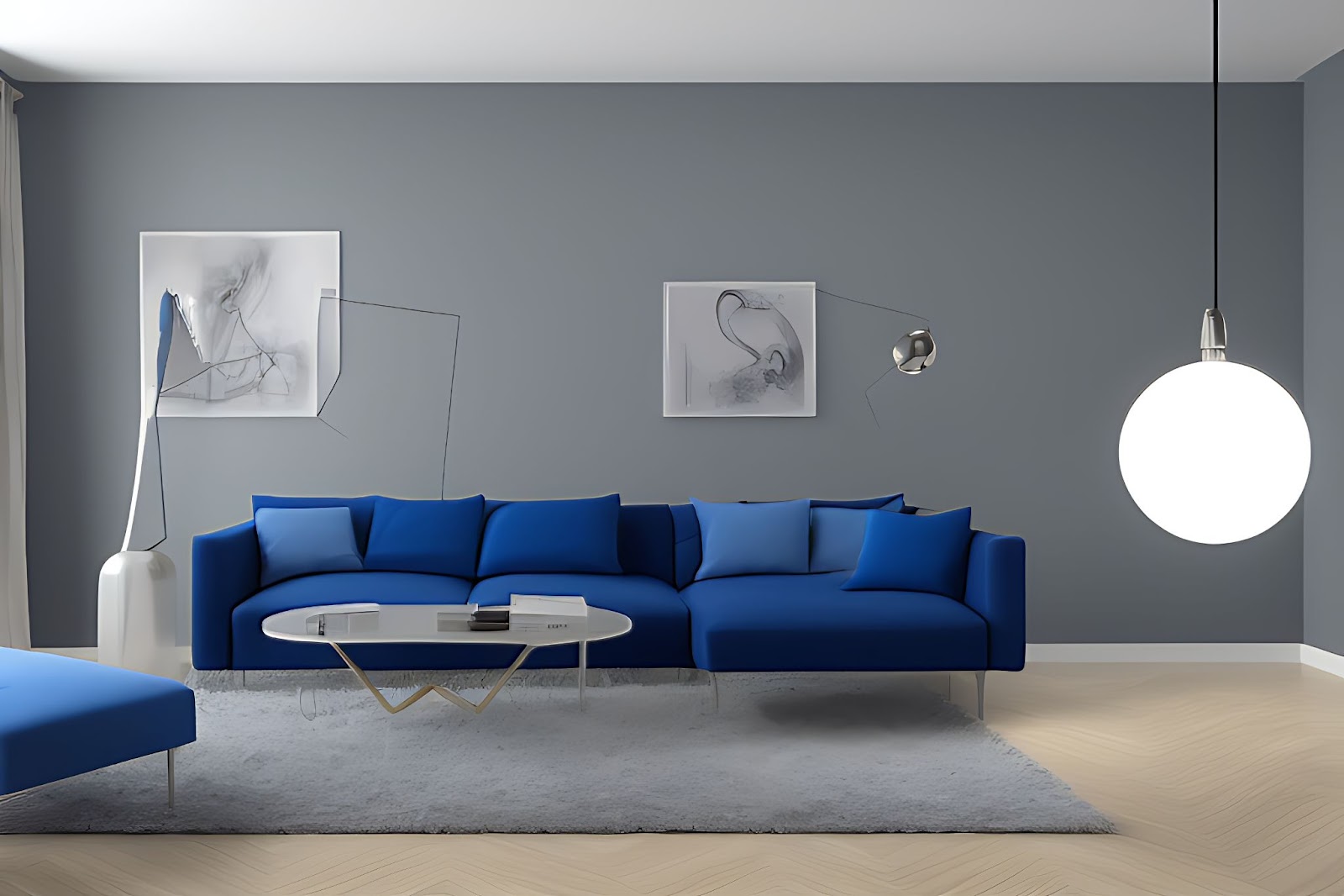sitting room with grey walls and blue furniture