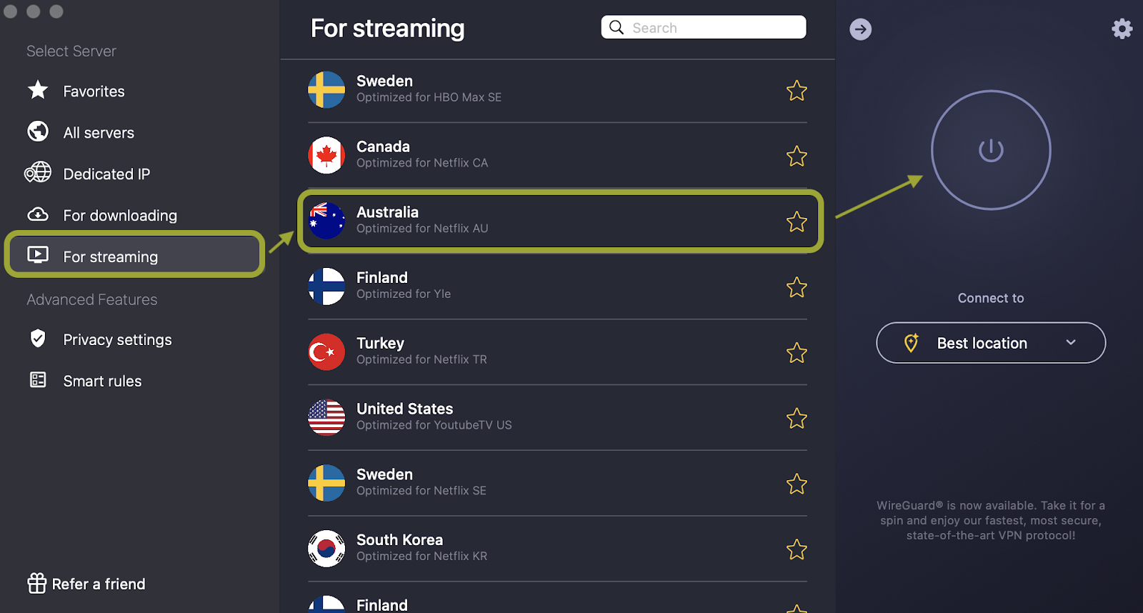 Screenshot of CyberGhost VPN interface showing the list of streaming-optimized servers with Australia highlighted