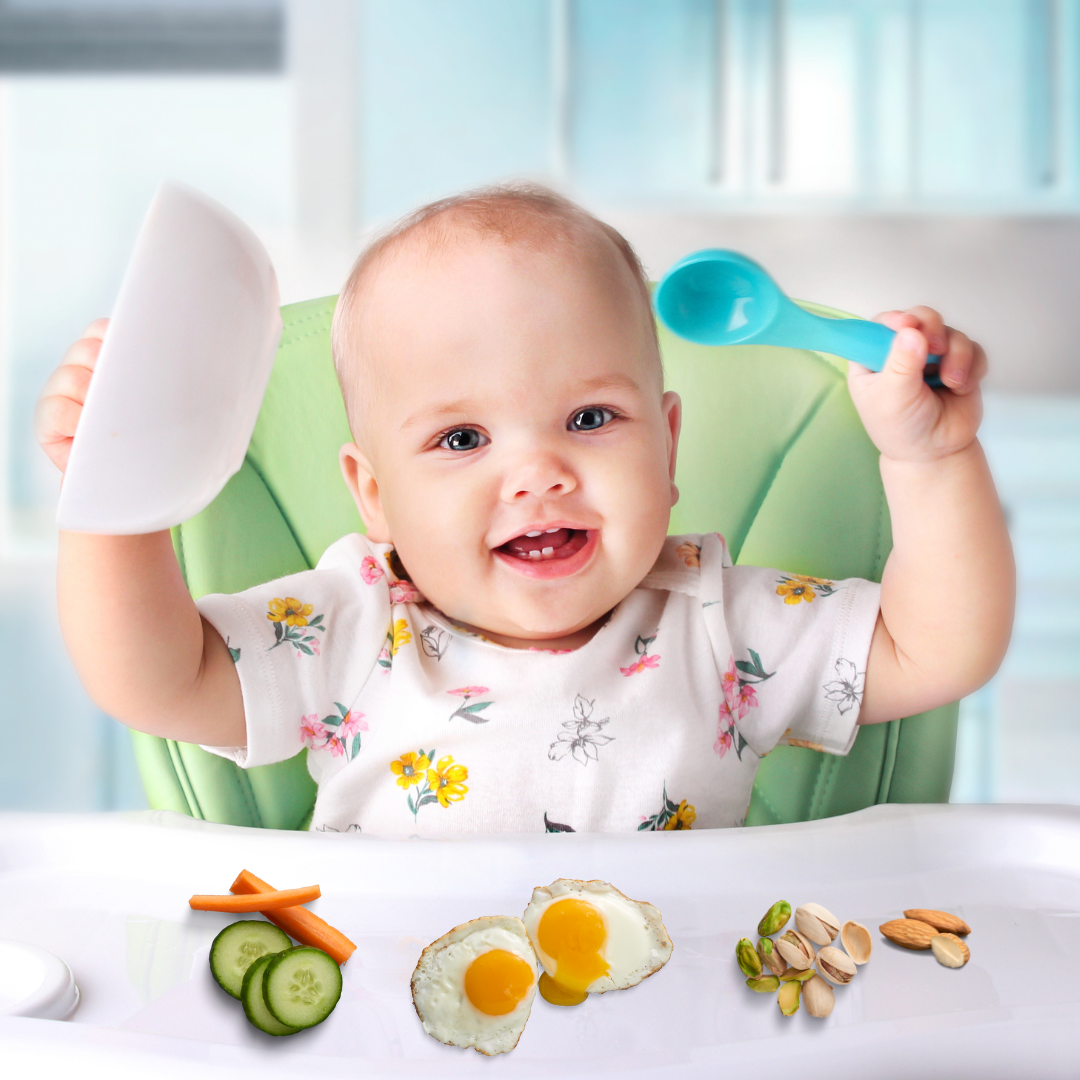 Smiling baby holding a bowl and spoon with eggs, nuts and vegetables on his highchair
