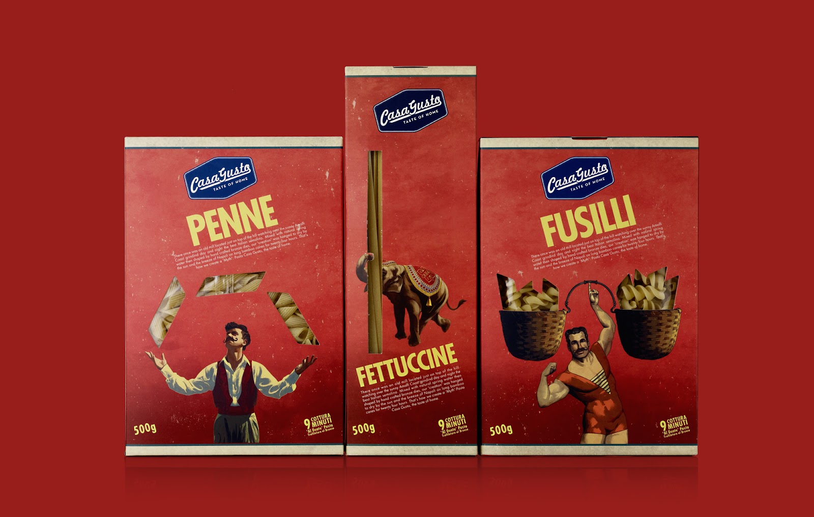 Casa Gusto pasta packaging design featuring circus characters to reflect the brand's unique story.