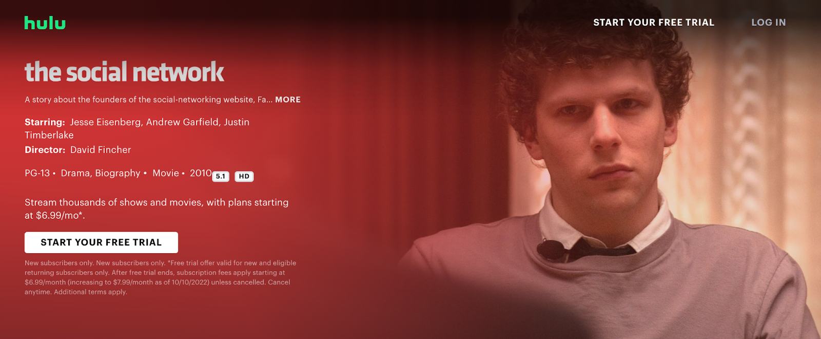 The Social Network movie available on Hulu.