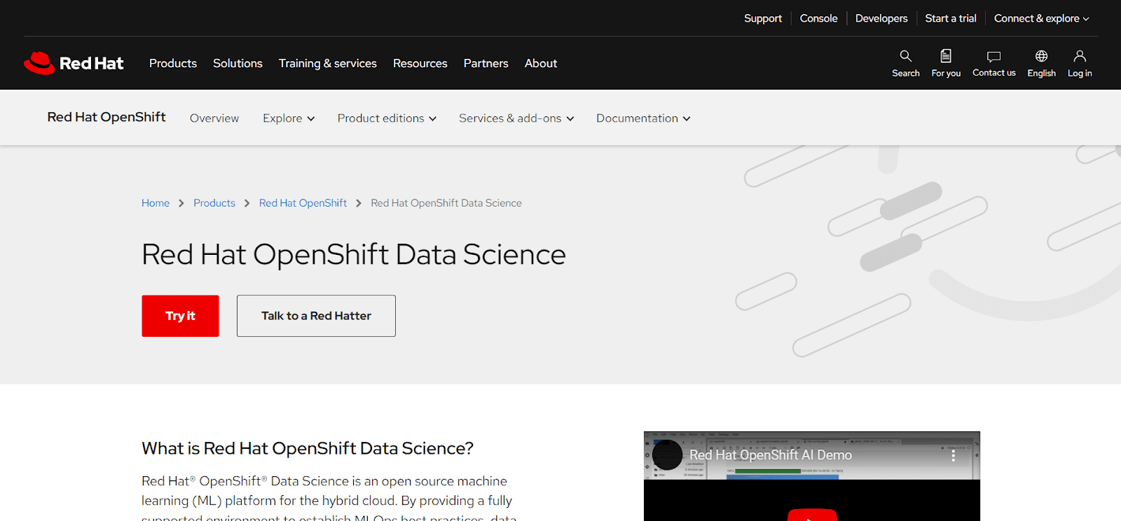 A screenshot of Red Hat OpenShift Data Science's website