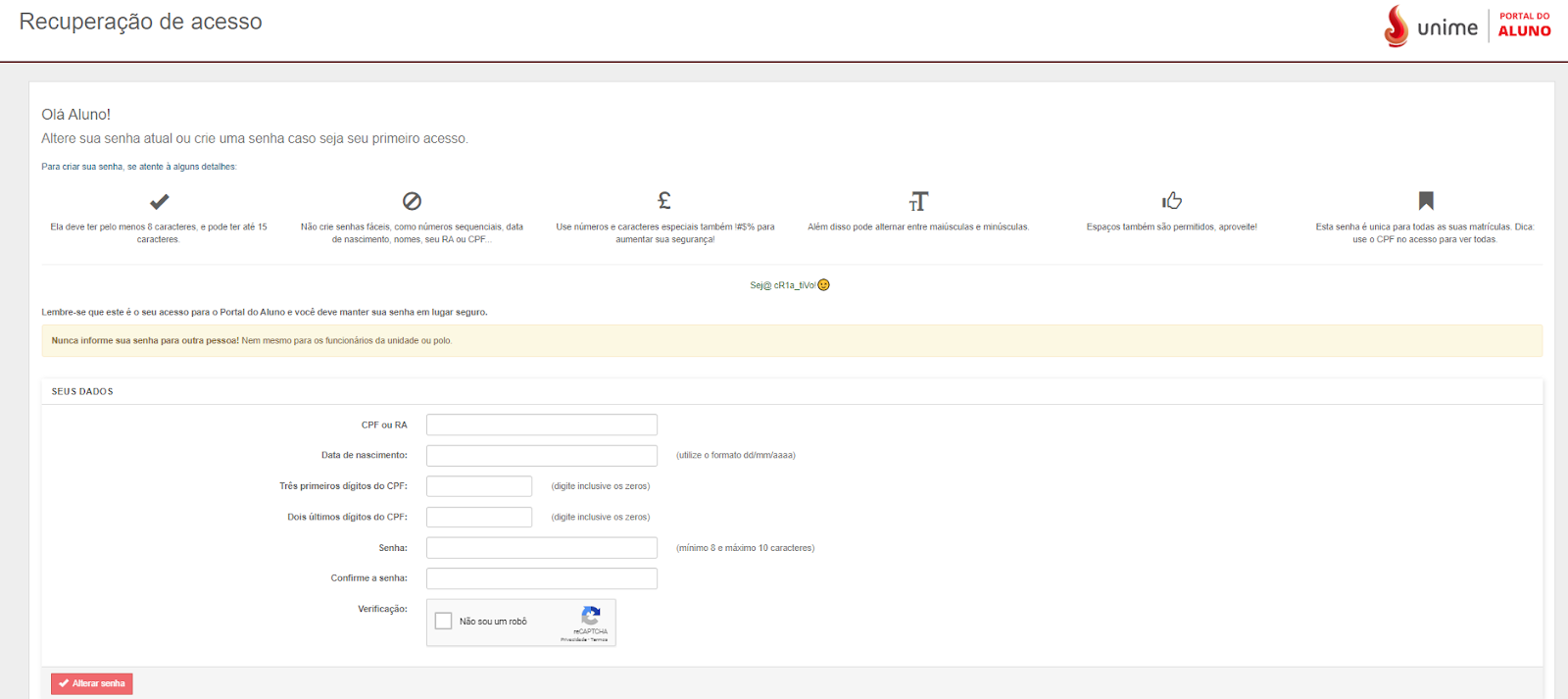 Recuperação de acesso portal do aluno Unime
