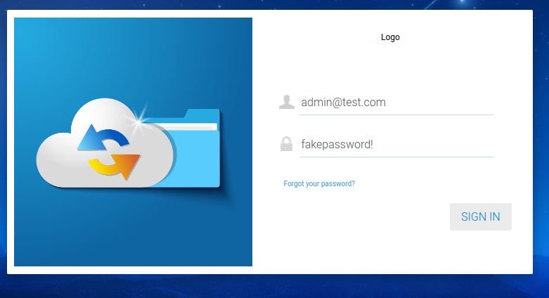 again, White Oak Security attempts to login with admin@test.com and fakepassword! values on Centrestack