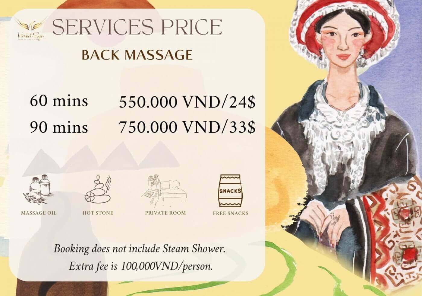 Price list for Back Massage at Herbal Spa Da Nang