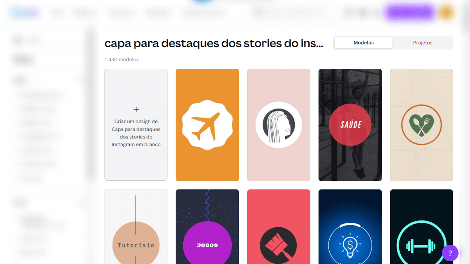 Captura de tela mostra as opções de template para destaque do Instagram. 