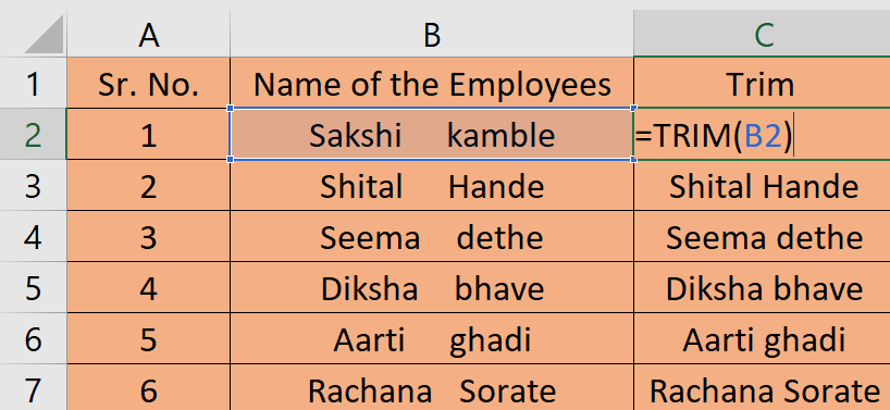Trim Function in excel