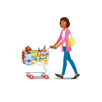 [Image is a person with very curly brown hair, medium tone skin, a pink jacket, a yellow purse, and blue jeans pushing a grocery cart full of groceries: many bottles and bags of different sizes and colors.]