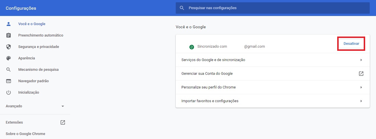 Configurações da conta Google