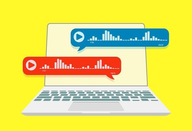 Laptop with voice messages voice messages online chat vector illustration
