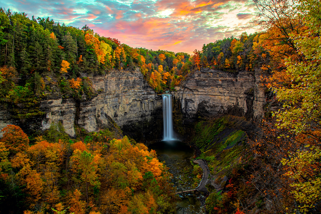 Taughannock Falls, NY with beautiful fall leaves changing colors