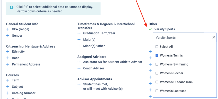 Find Varsity Sports under Advanced Search, Other
