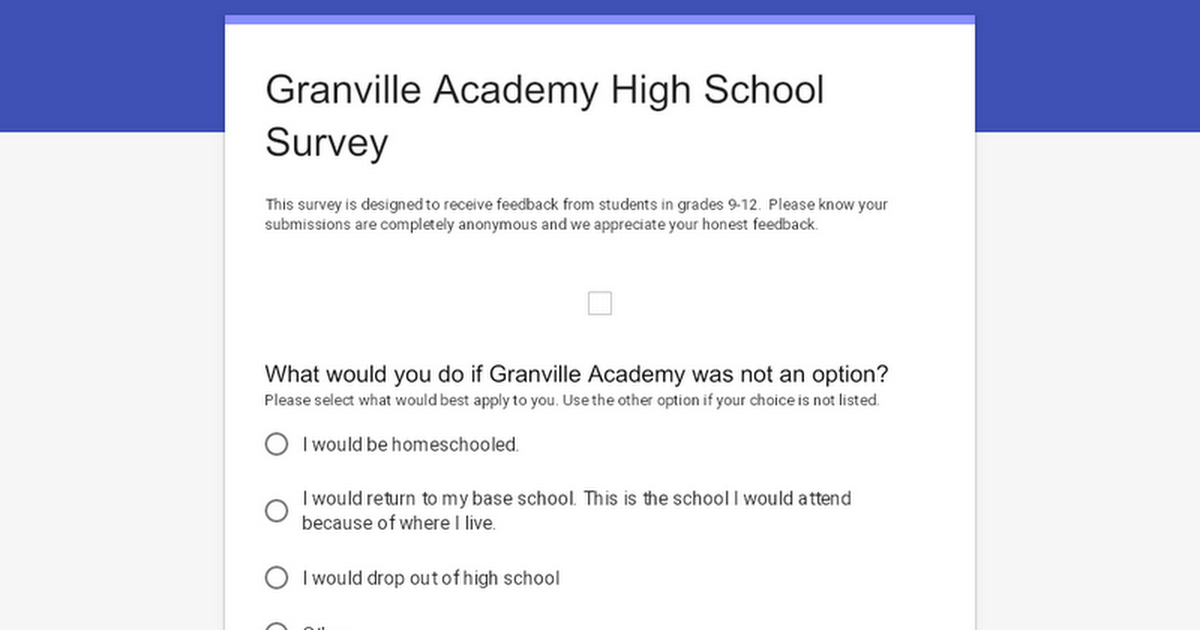 Granville Academy High School Survey